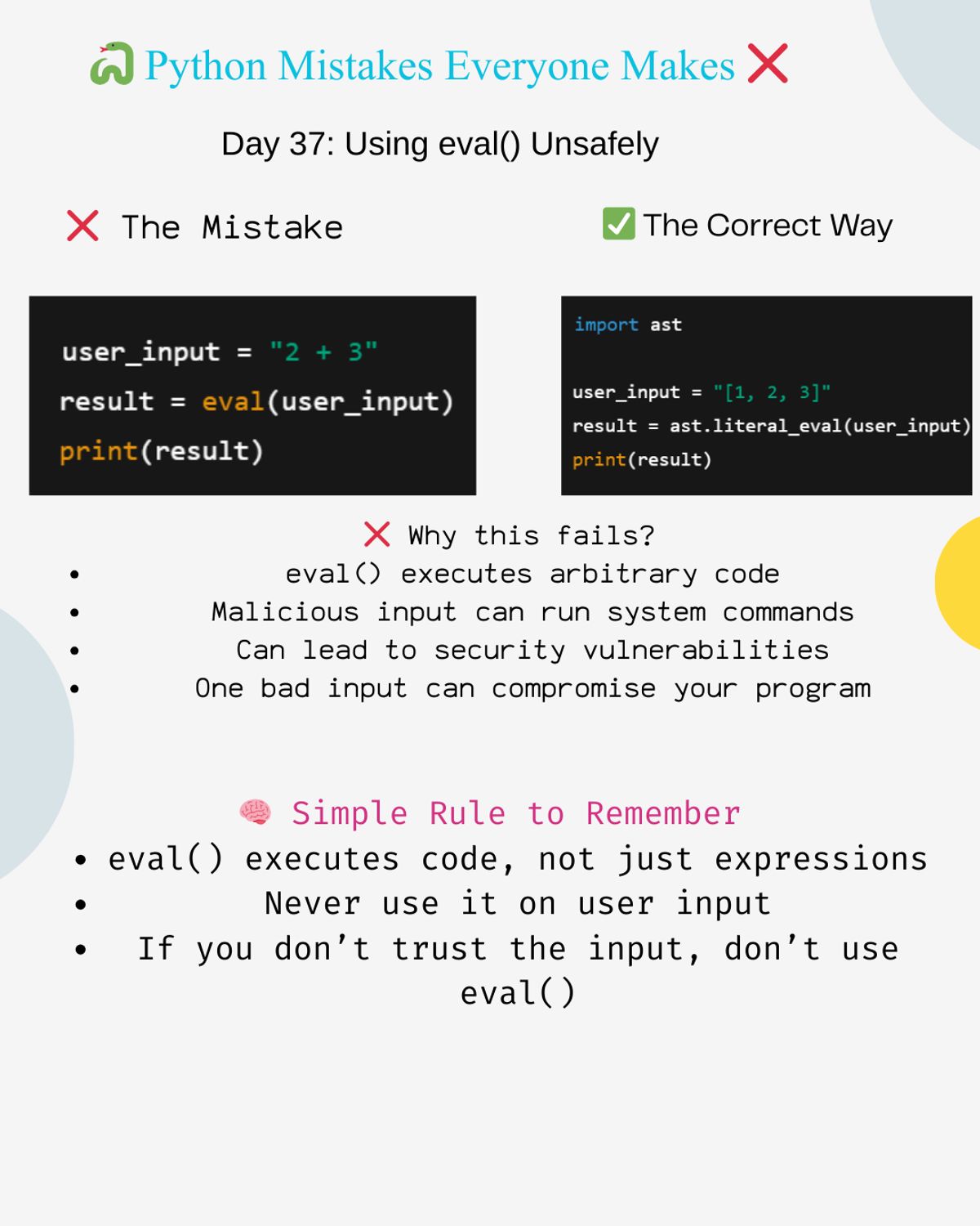 🐍 Python Mistakes Everyone Makes Day 37: Using eval() Unsafely Detailed ...