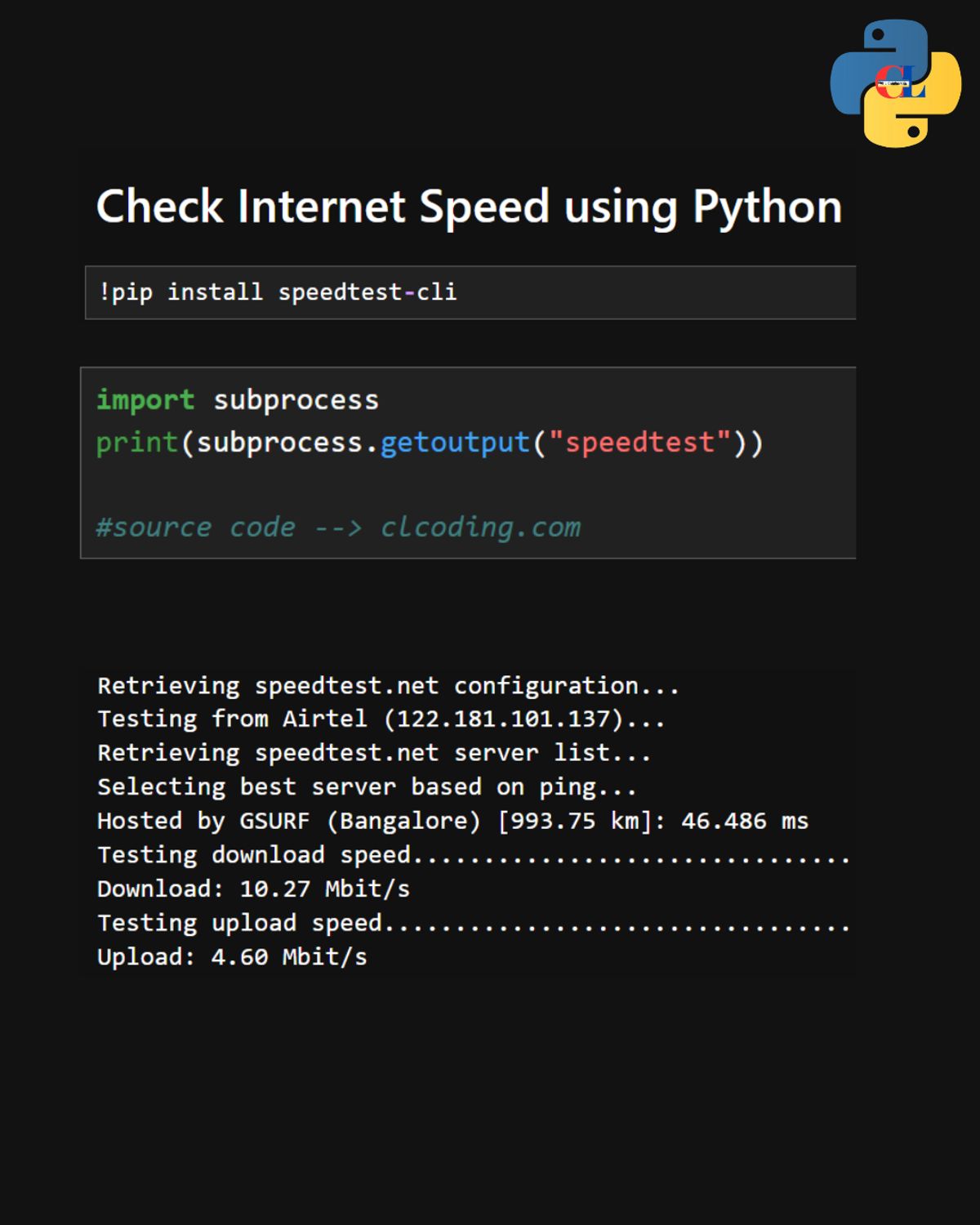Check Internet speed using python — Python Coding (CLCODING) - Buymeacoffee