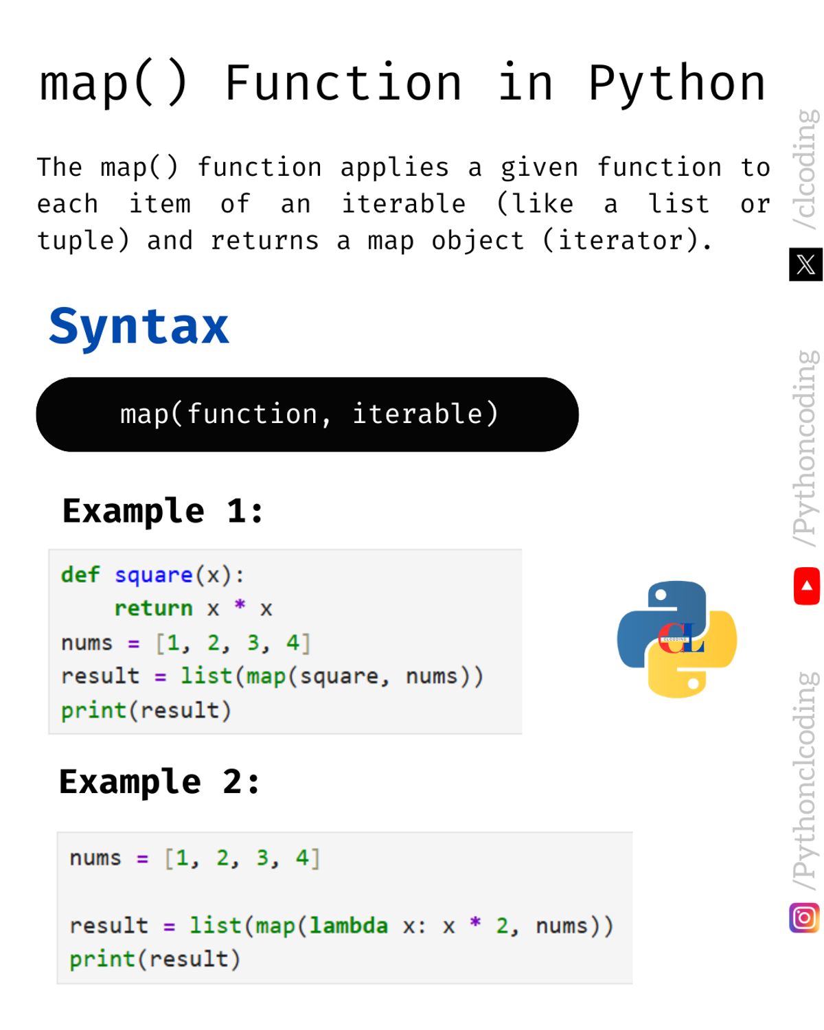 map() Function in Python — Python Coding (CLCODING) - Buymeacoffee