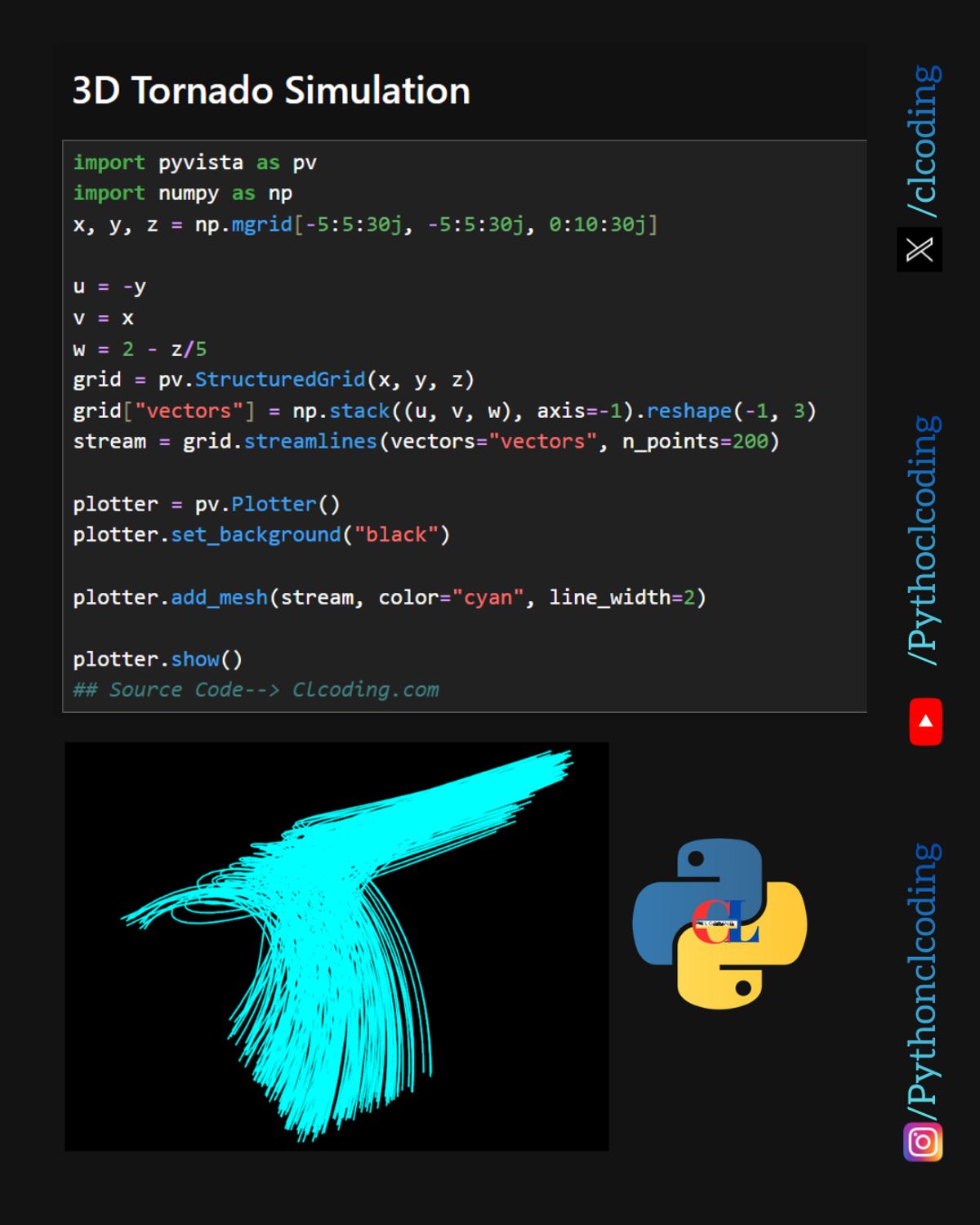 3D Tornado Simulation in python — Python Coding (CLCODING) - Buymeacoffee