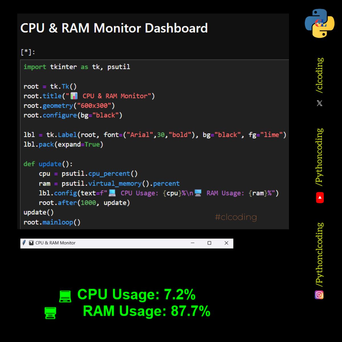 CPU & RAM Monitor Dashboard — Python Coding (CLCODING) - Buymeacoffee