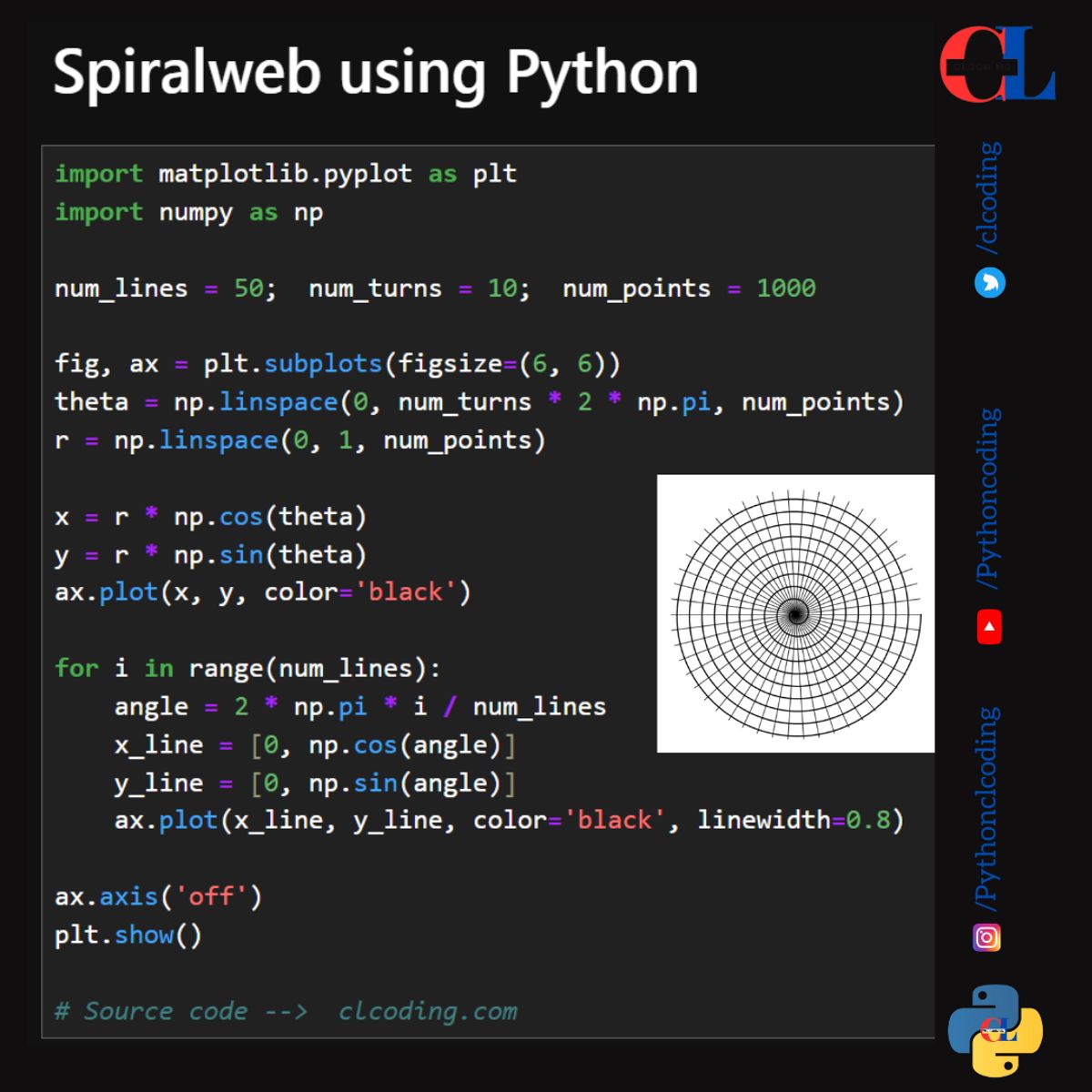 Spiralweb using Python — Python Coding (CLCODING) - Buymeacoffee
