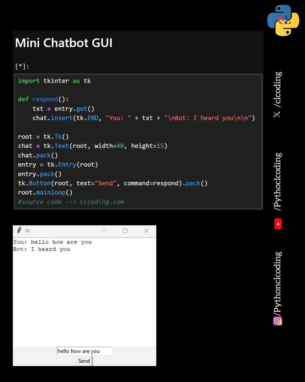 Mini Chatbot GUI — Python Coding (CLCODING) - Buymeacoffee
