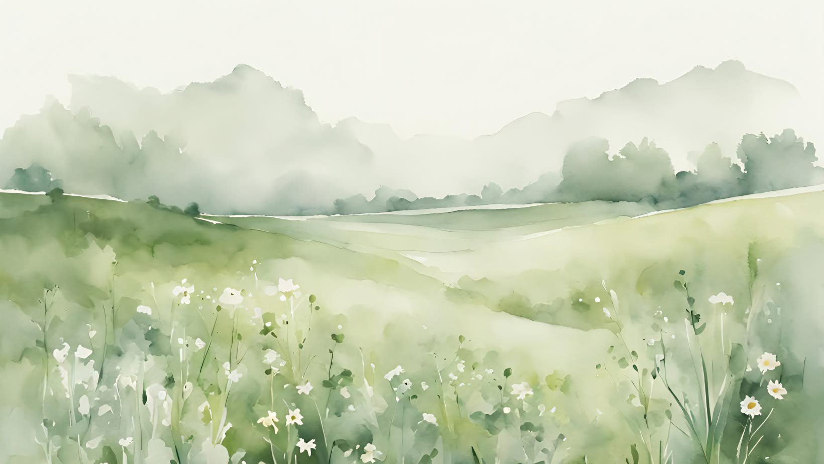 Watercolor landscape of a green meadow