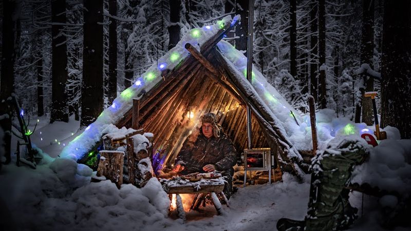 3 Day [Solo Winter Camping] in My Bushcraft Shelter on Deer Skins ...