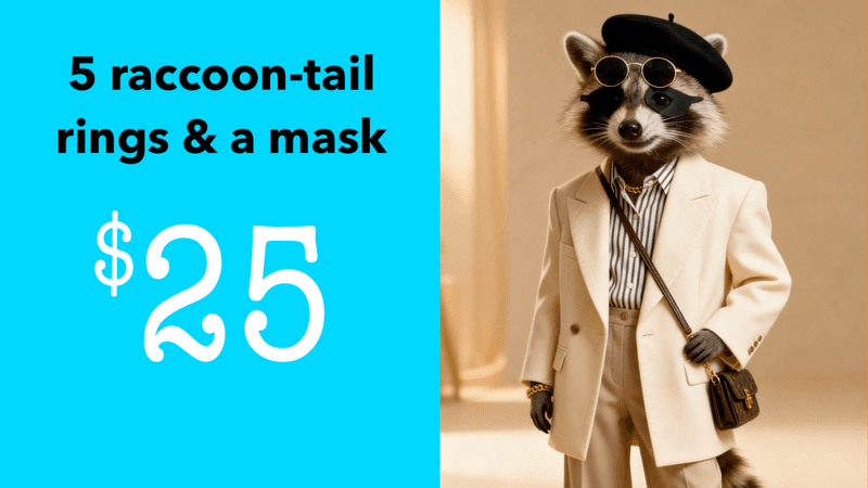 5 raccoon-tail rings and a mask