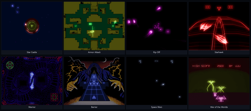 Star Castle, Amor Attack, Barrier, Rip Off, Space Wars, Starhawk, WotW and Warrior