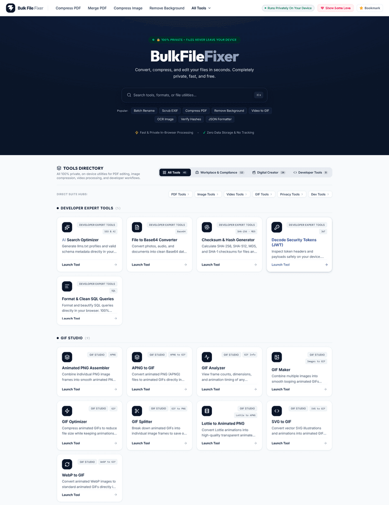 Bulkfilefixer.com - Convert, compress, and edit your files in seconds. Completely private,