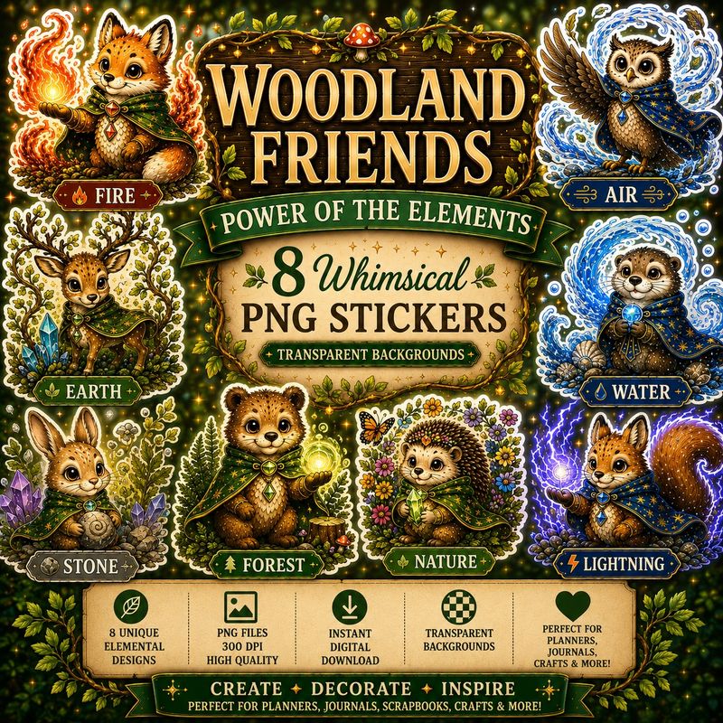 Woodland Friends Element Stickers – Printable PNG Pack