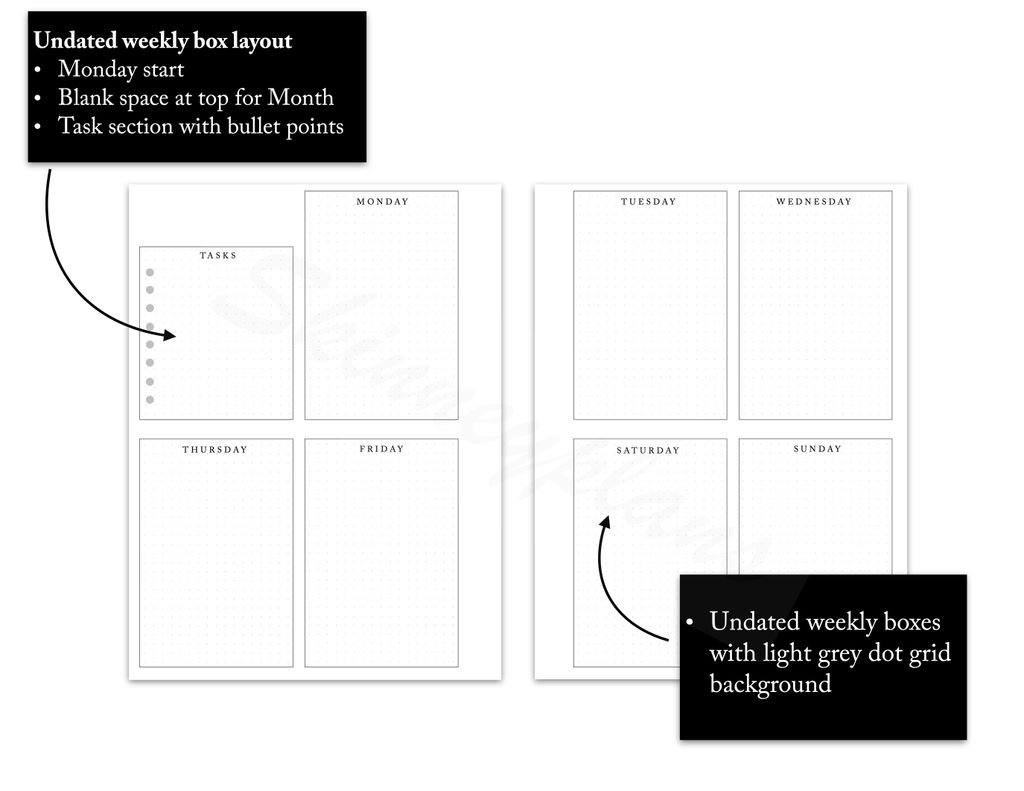 Undated weekly horizontal planner inserts 5.5. x 8.5in