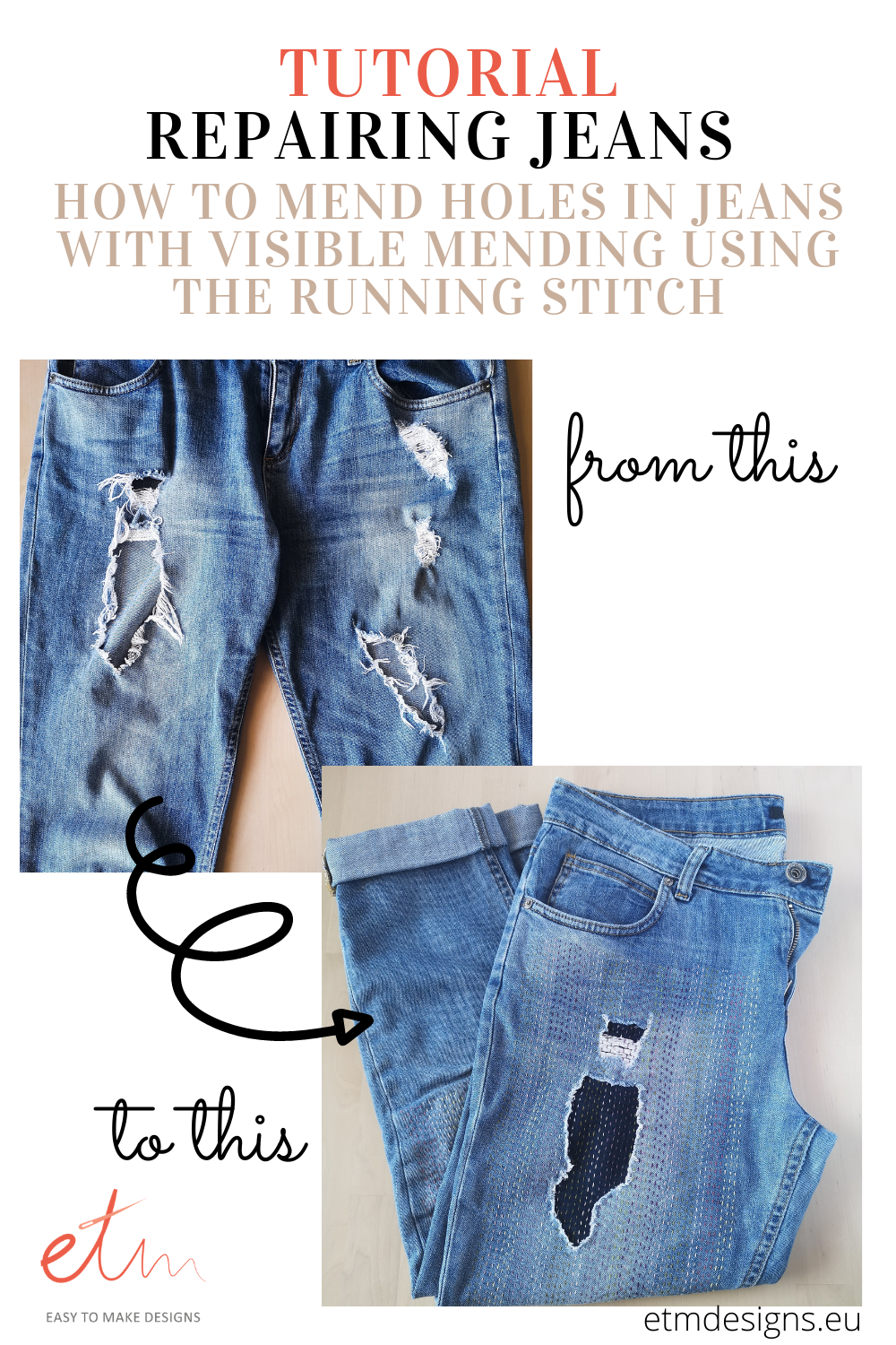 Repairing jeans. How to mend holes in jeans with Visible mending using ...