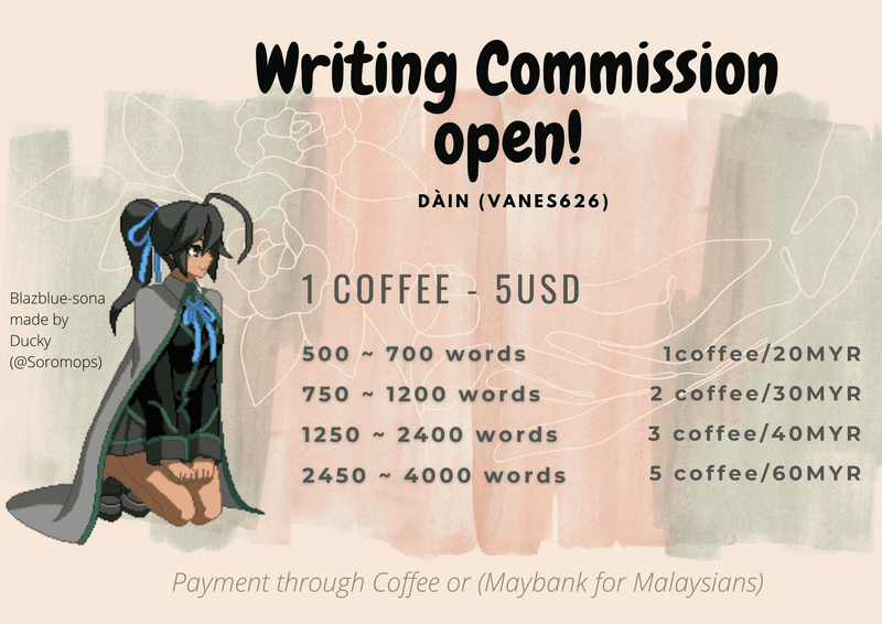 I am kickstarting my writing commission once again, check out my commission sheets for mor