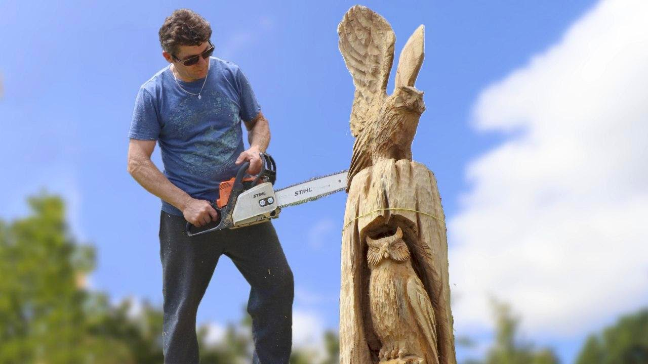 AMAZING CHAINSAW wood carving, WOLVES basrelief — Vlad Carving