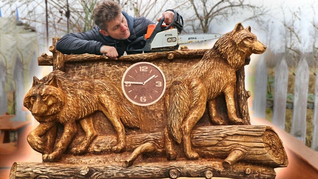 AMAZING CHAINSAW wood carving, WOLVES basrelief — Vlad Carving