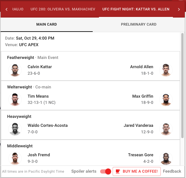 UFC Calendar — CastleridgeLabs Buymeacoffee