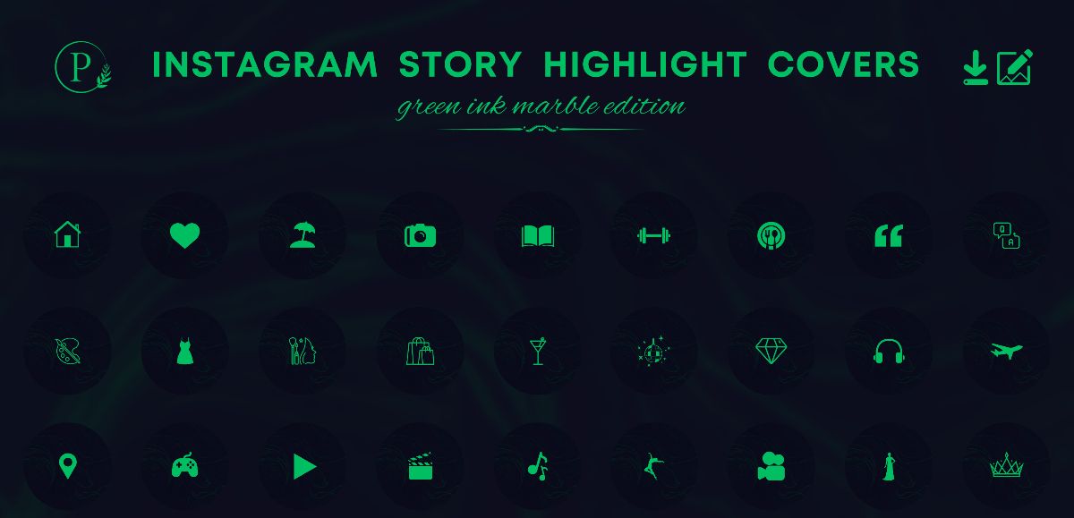 90 Instagram Story Highlight Covers - Green Ink Marble Edition