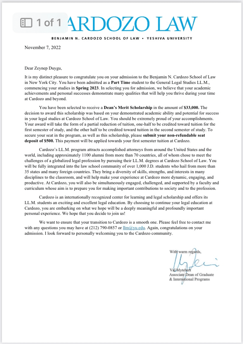 Admission letter and orientation photo from Cardozo Law