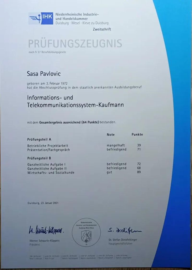 IHK Prüfungszeugnis "IT-Systemkaufmann"