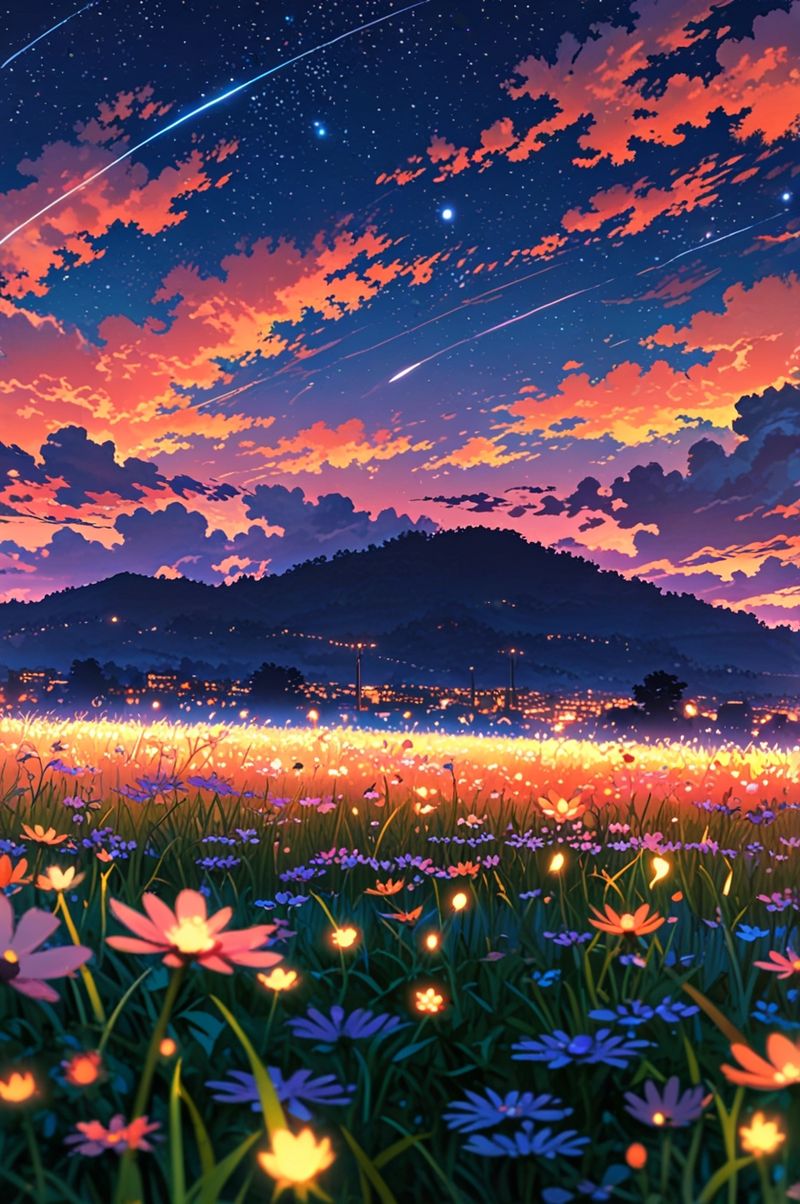 Twilight Tranquility: Fireflies Over the Rice Field at Dusk