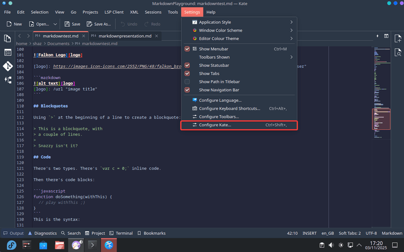 Markdown in KDE Plasma's Kate