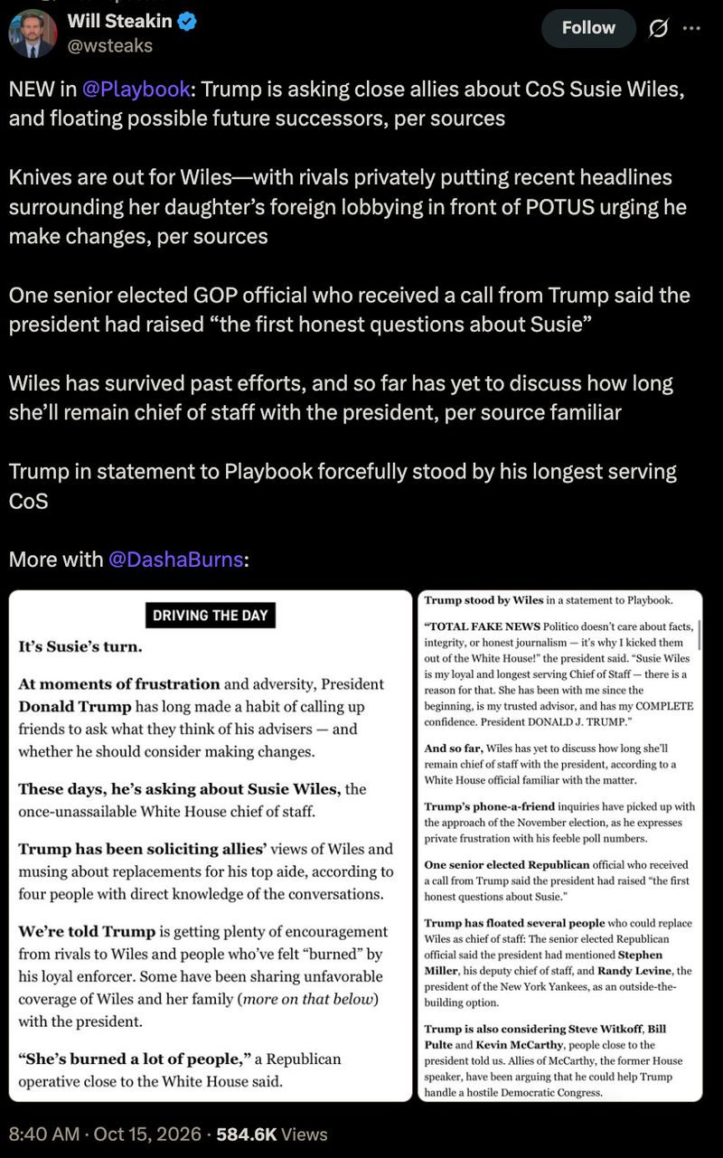 Too little, too late: Trump considers firing Susie Wiles