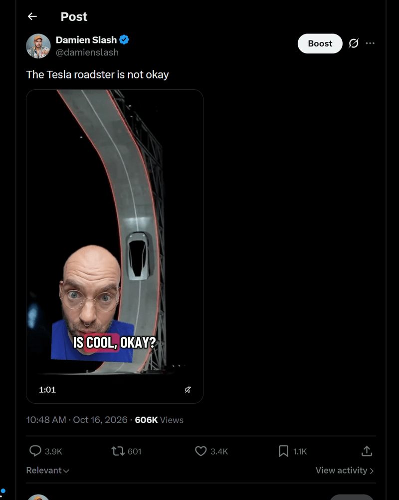 Woke american character going viral today (reaction to Elon Musk's flying Tesla Roadster)