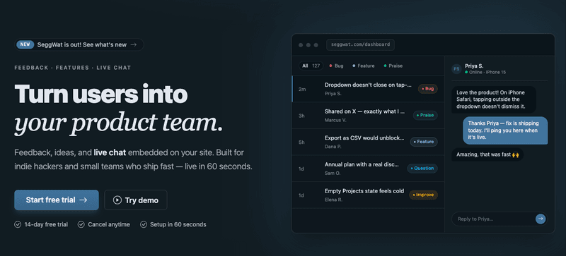 SeggWat is live: one script tag to find out what your users actually think