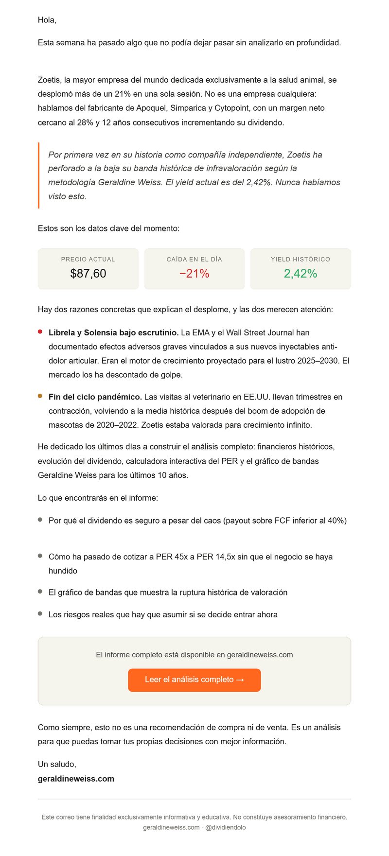 Zoetis ha caído un 21% en un día. He publicado el análisis completo.