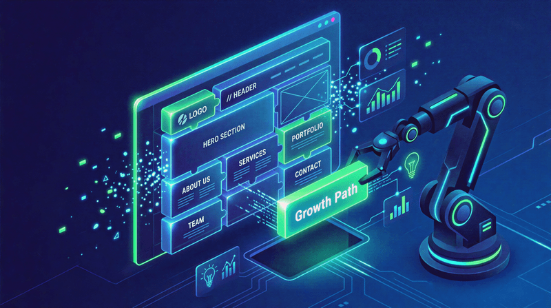 AI Website Builder Interface with Modular Blocks and Automation Concept
