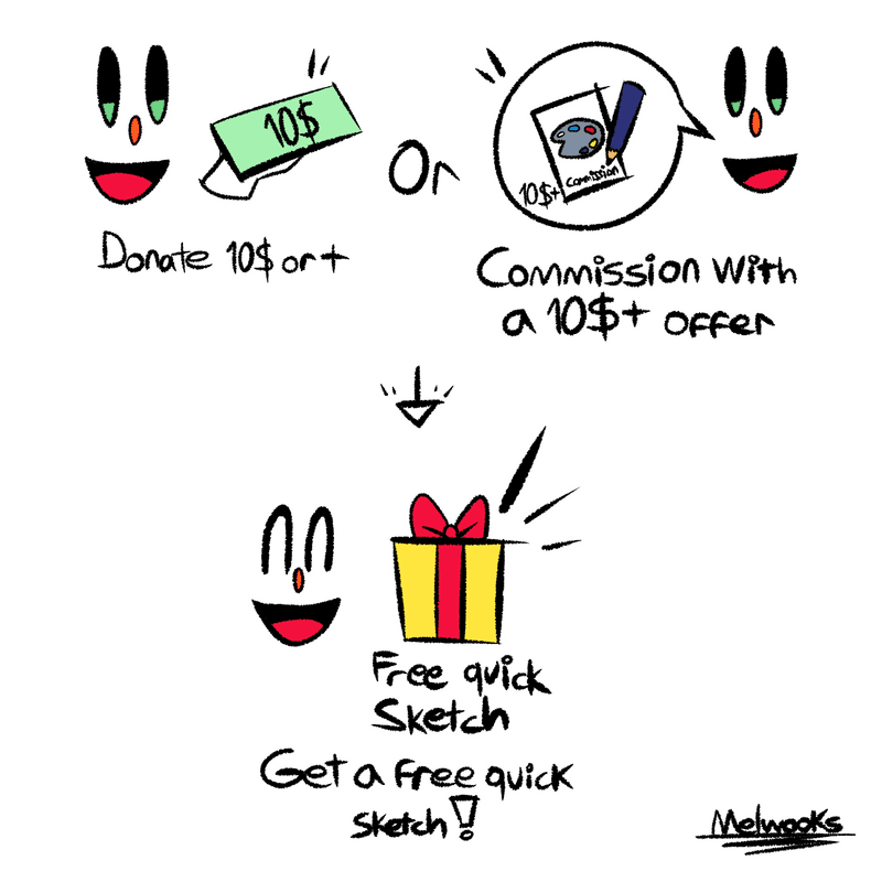 Donate over 10$ or comission with a over 10$ offer, get a free quick sketch gift! 🎁