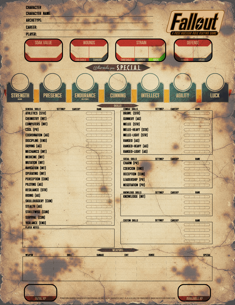 Fallout Character Sheet for FFG Genesys System