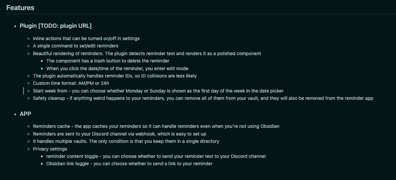 Feature list of obsidian notification plugin
