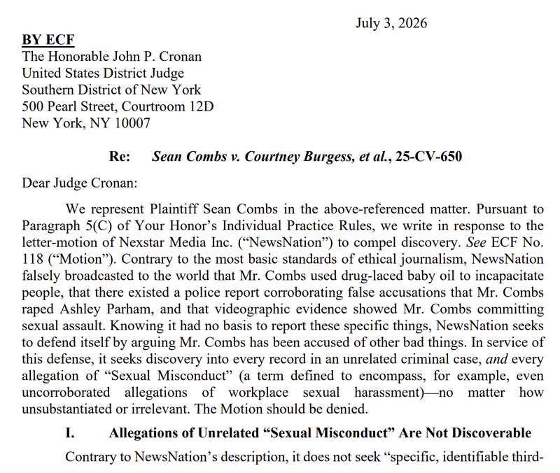 Sean Combs From Jail Sued Burgess For Talk on Video Now Opposes Nexstar SDNY Discovery by 