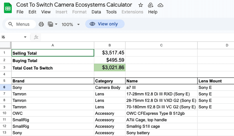 Cost to Switch Camera Ecosystems