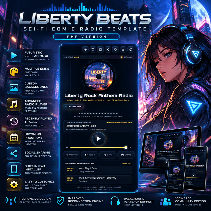 Liberty Beats Sci-fi Comic Radio Template (PHP Version)