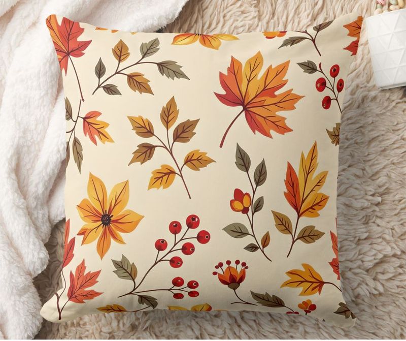 Autumn Maple Leaves & Cranberries Print Collection Throw Pillow