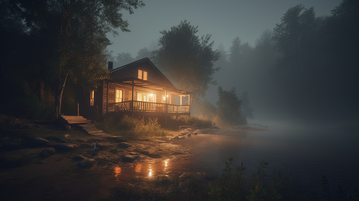 Cabin by the foggy river