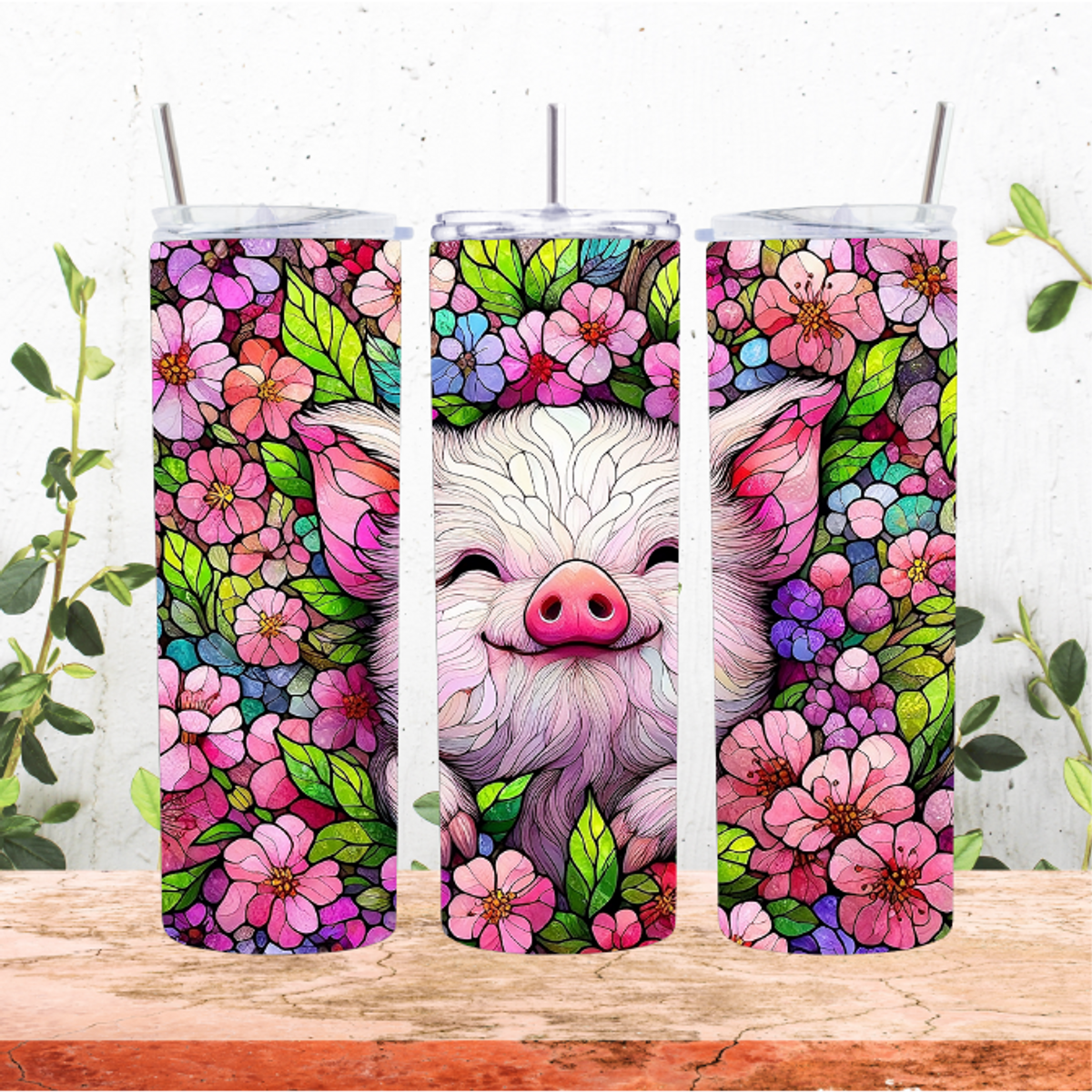 20 oz Floral Pig Tumbler Wrap Sublimation PNG - Straight & Tapered