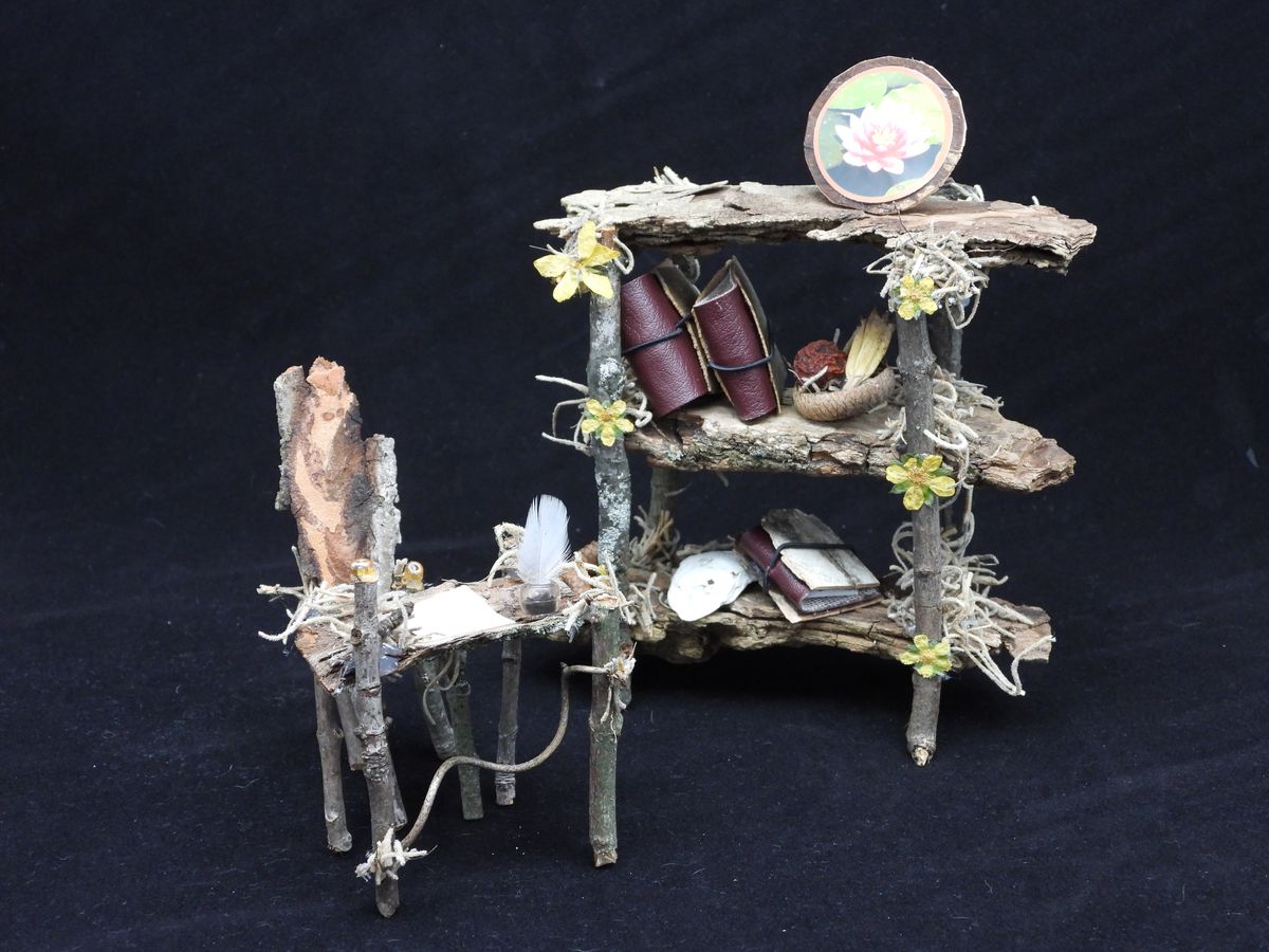 #1 - Rustic Miniature Bookshelf and Writing Desk with Fairy Garden Accessories