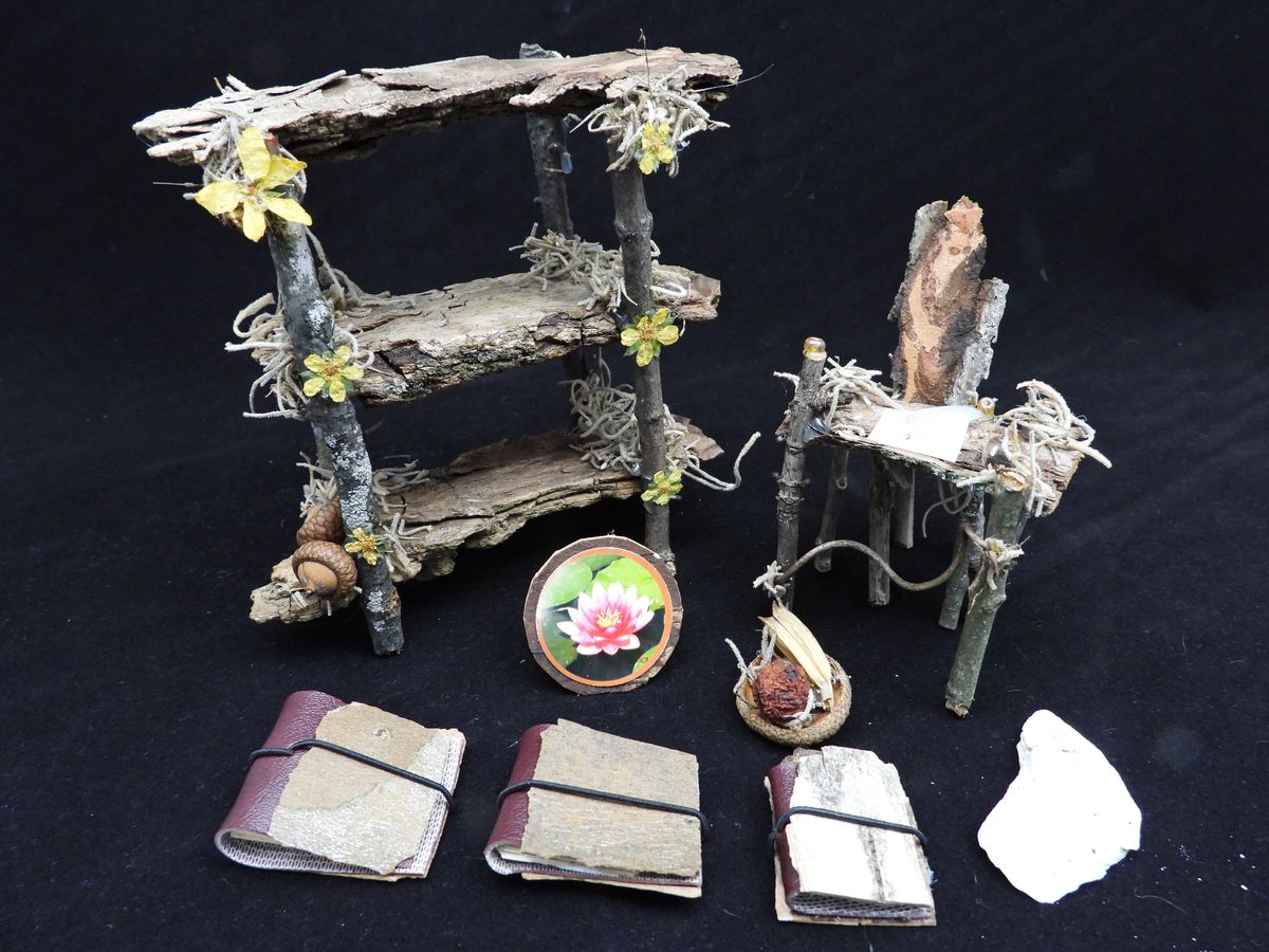 #1 - Rustic Miniature Bookshelf and Writing Desk with Fairy Garden Accessories
