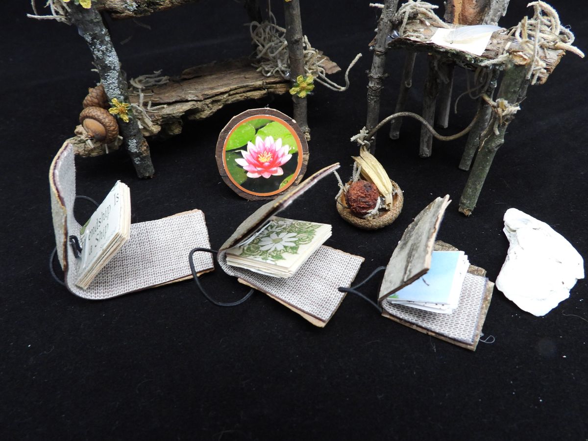 #1 - Rustic Miniature Bookshelf and Writing Desk with Fairy Garden Accessories
