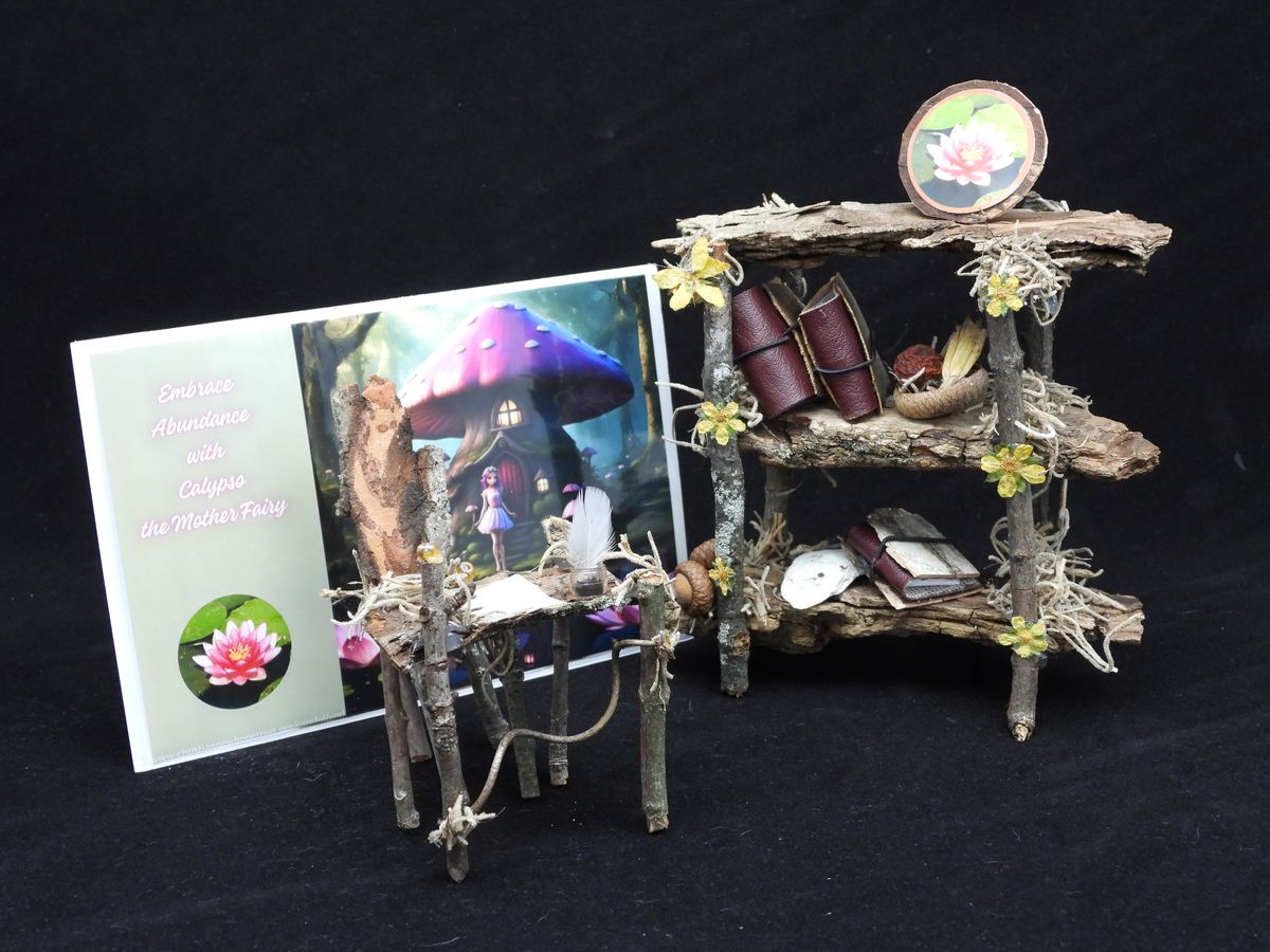 #1 - Rustic Miniature Bookshelf and Writing Desk with Fairy Garden Accessories