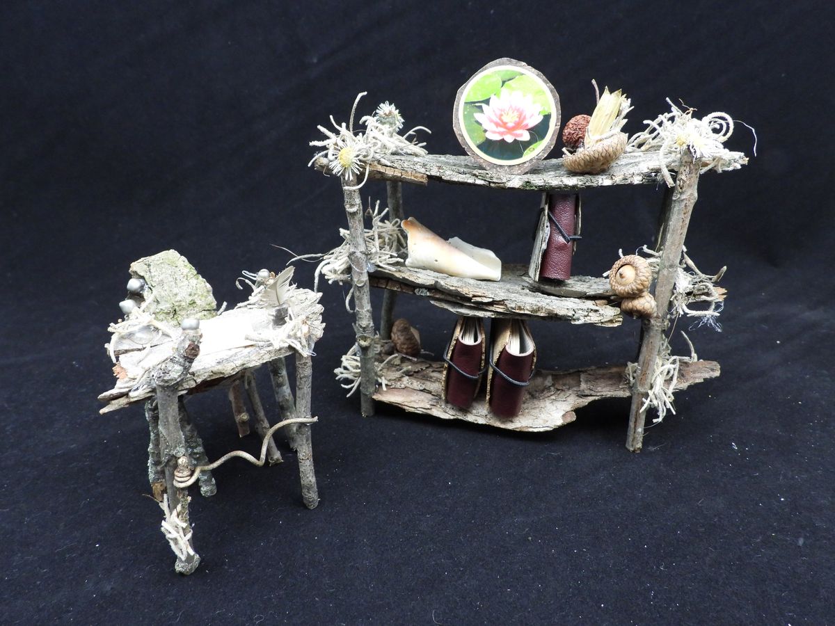 #5 - Rustic Miniature Bookshelf and Writing Desk with Fairy Garden Accessories