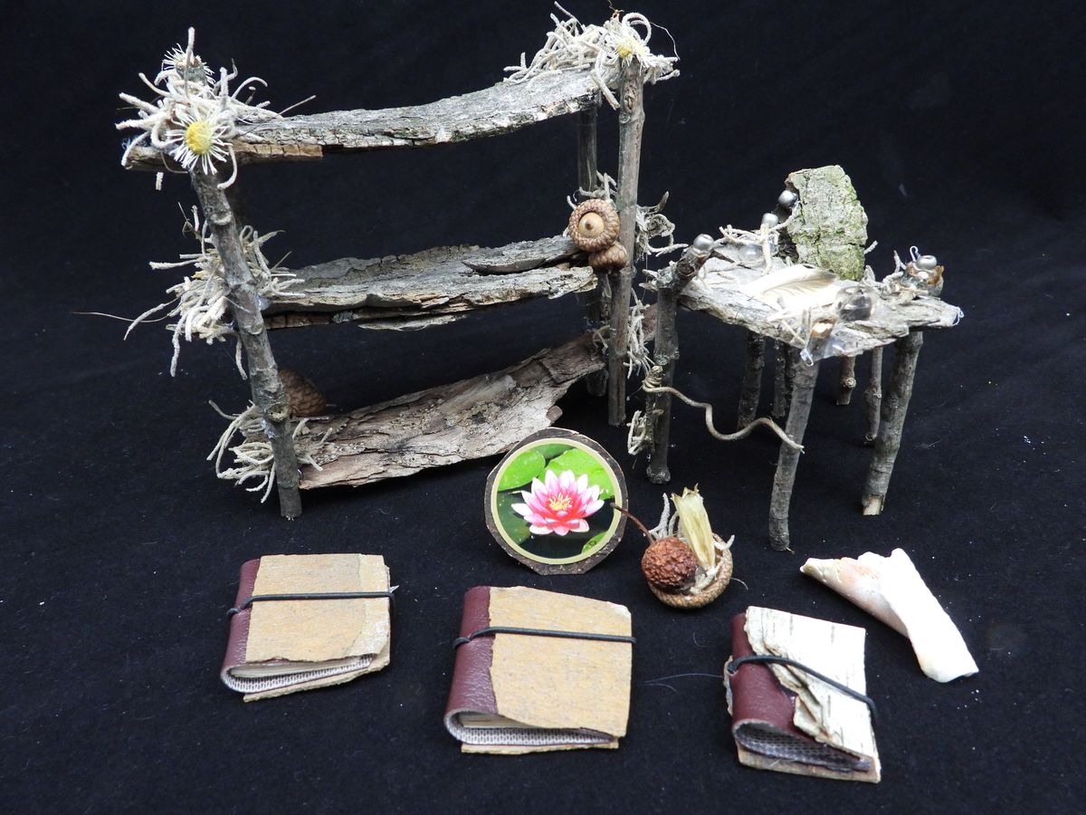 #5 - Rustic Miniature Bookshelf and Writing Desk with Fairy Garden Accessories
