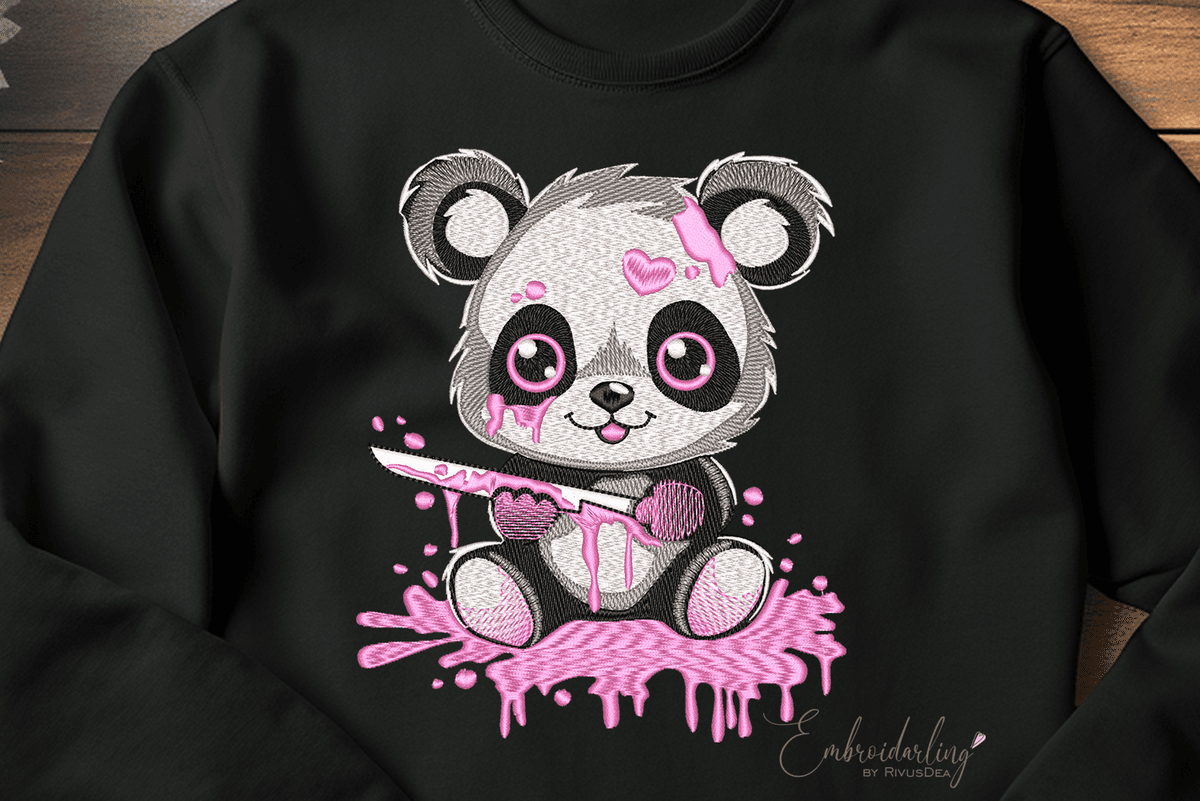 Cute Panda with Knife Embroidery Design, Gothic machine embroidery pattern, Animal with knife and Blood, Pink, Black, Bear, Emo Design