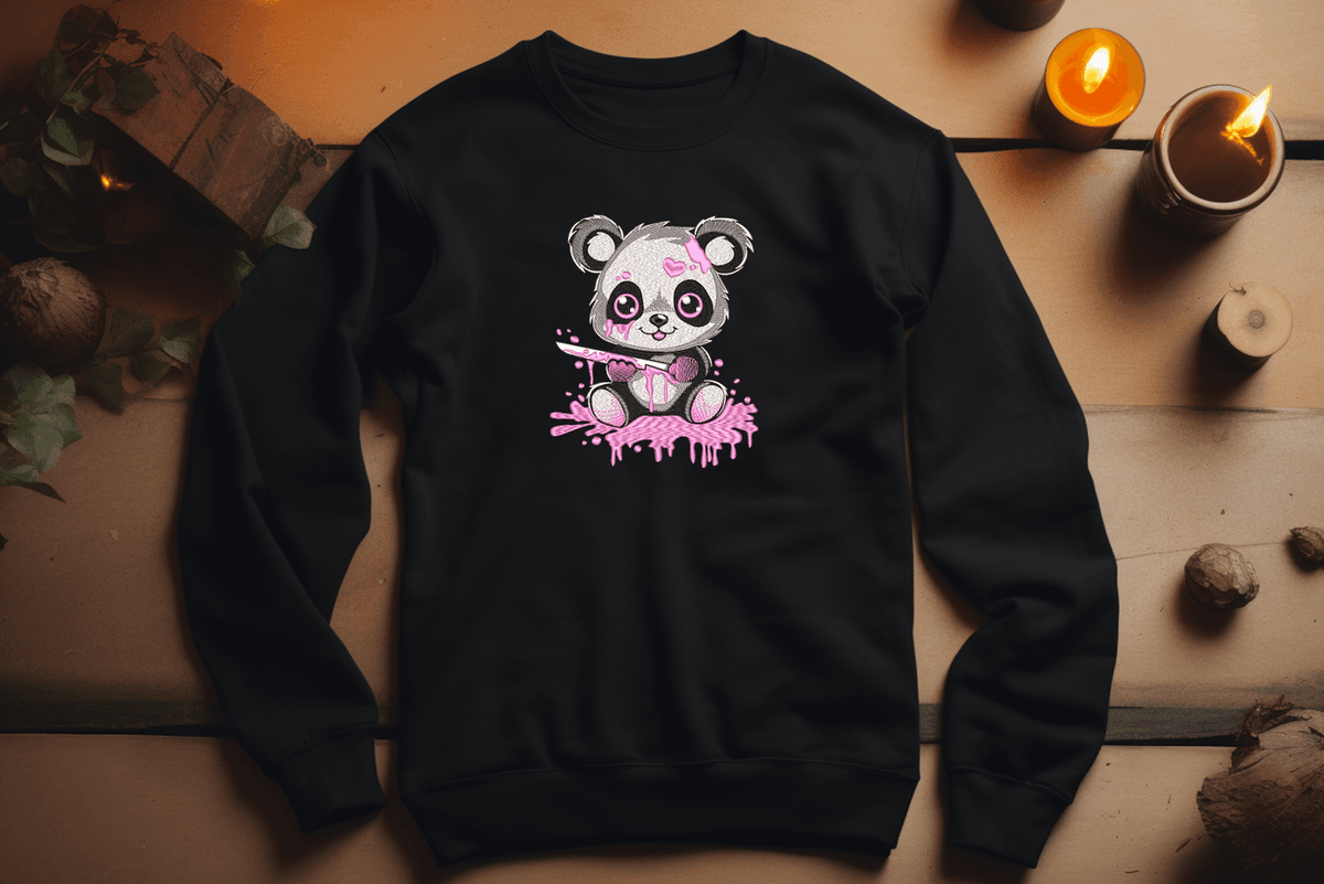 Cute Panda with Knife Embroidery Design, Gothic machine embroidery pattern, Animal with knife and Blood, Pink, Black, Bear, Emo Design