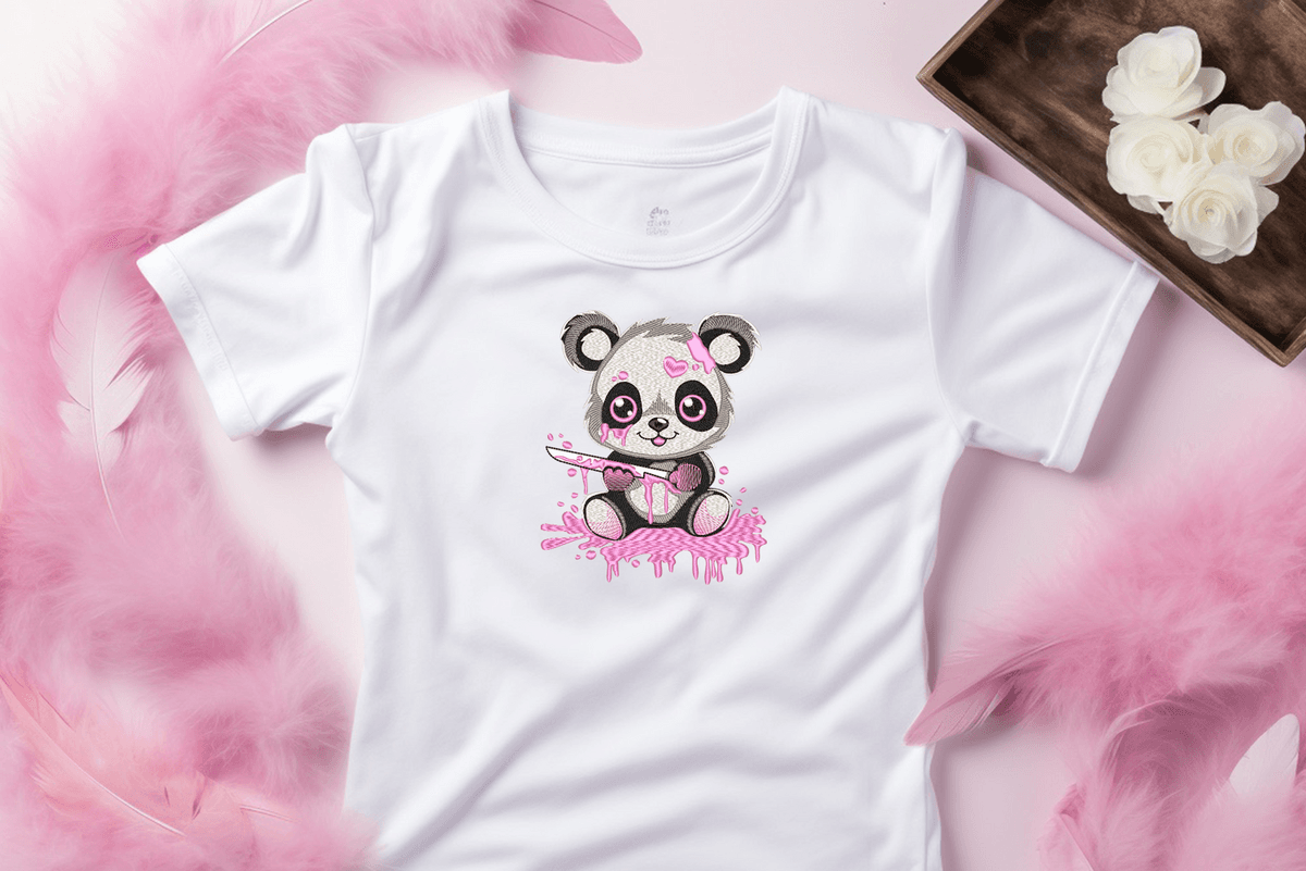 Cute Panda with Knife Embroidery Design, Gothic machine embroidery pattern, Animal with knife and Blood, Pink, Black, Bear, Emo Design