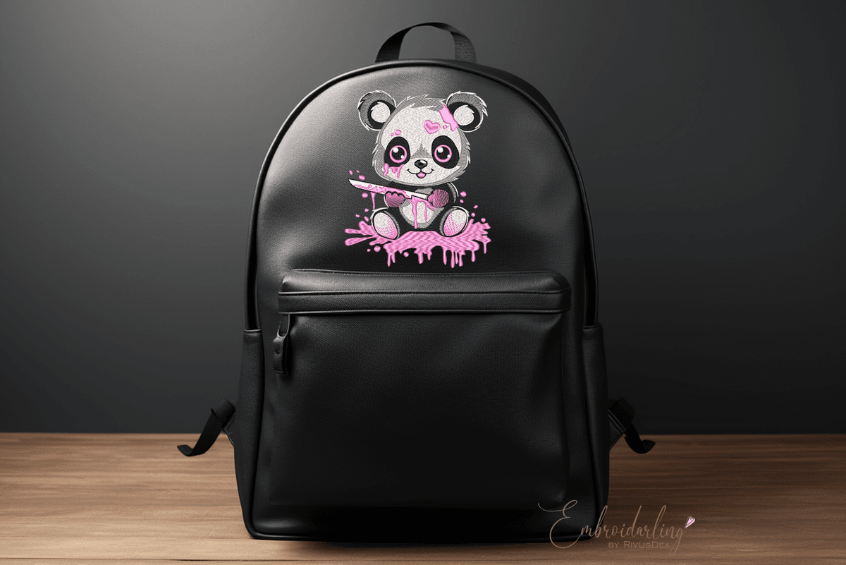 Cute Panda with Knife Embroidery Design, Gothic machine embroidery pattern, Animal with knife and Blood, Pink, Black, Bear, Emo Design