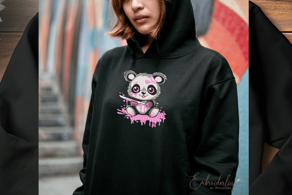 Cute Panda with Knife Embroidery Design, Gothic machine embroidery pattern, Animal with knife and Blood, Pink, Black, Bear, Emo Design
