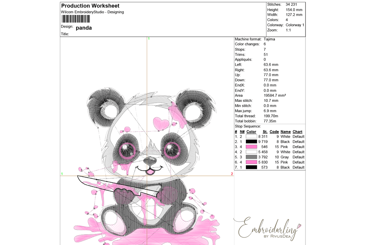 Cute Panda with Knife Embroidery Design, Gothic machine embroidery pattern, Animal with knife and Blood, Pink, Black, Bear, Emo Design